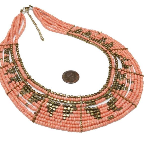 Boho Seed Bead Necklace, Peach & Bronze, Multi Strand, 23 Inches - Picture 7 of 8